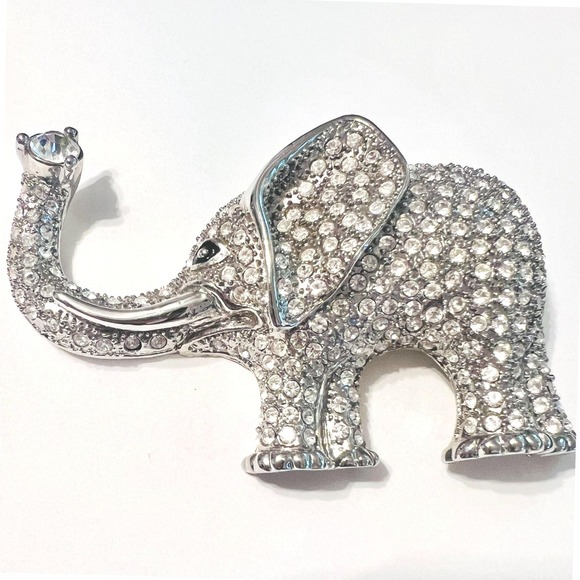 Unknown Jewelry - Vintage Figural Elephant Brooch Pin 4" Trunk Up Rhinestones Silver Tone Safari